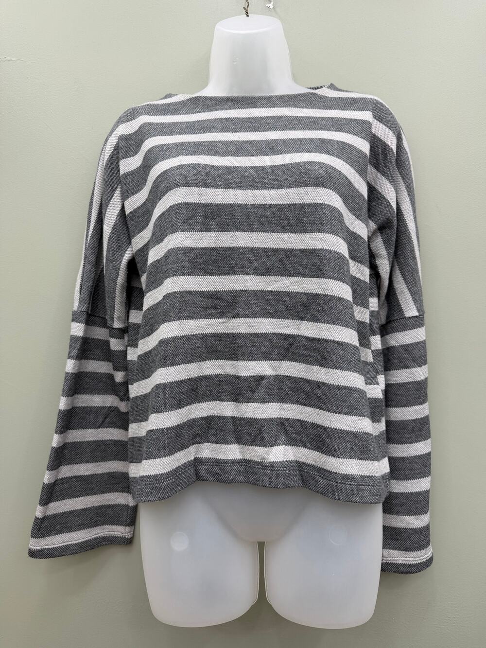 Banana Republic Striped Bell Sleeve Sweater S Gray White Boat Neck Boxy